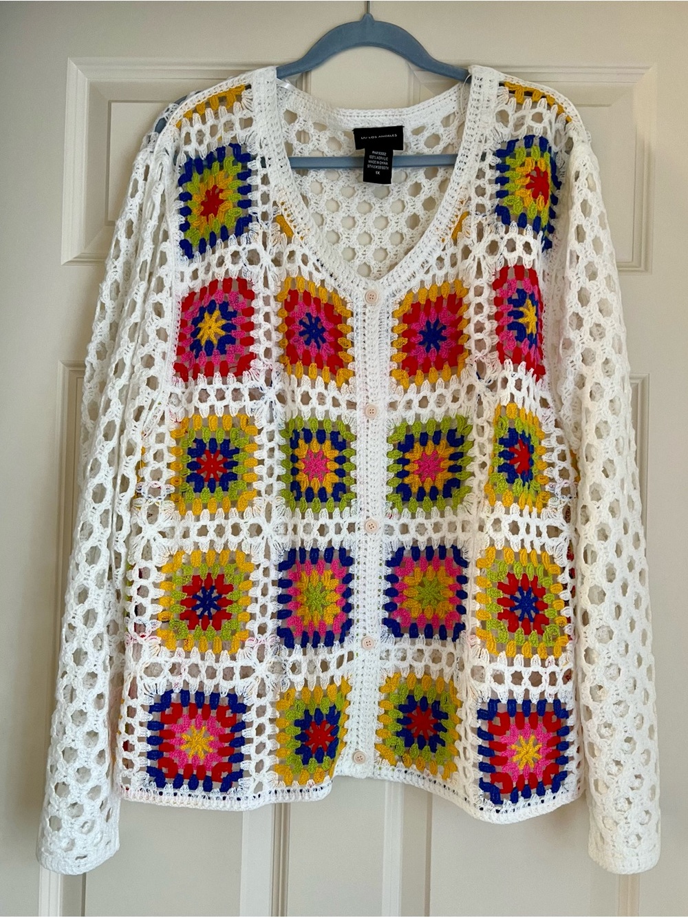 Liv Los Angeles White Crochet Granny Square Cardigan with Multicolor Squares